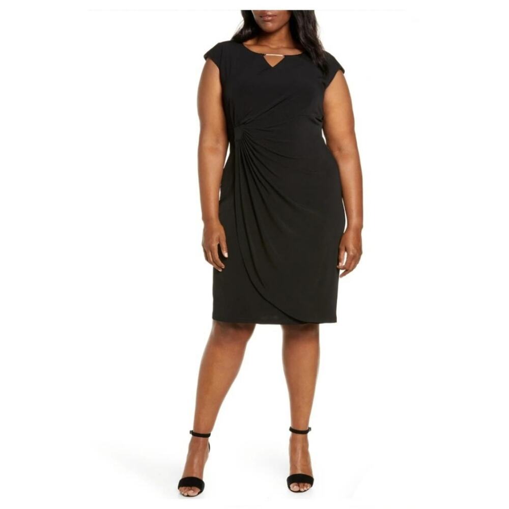 connected apparel Black Midi Sheath Dress with Twist Detail